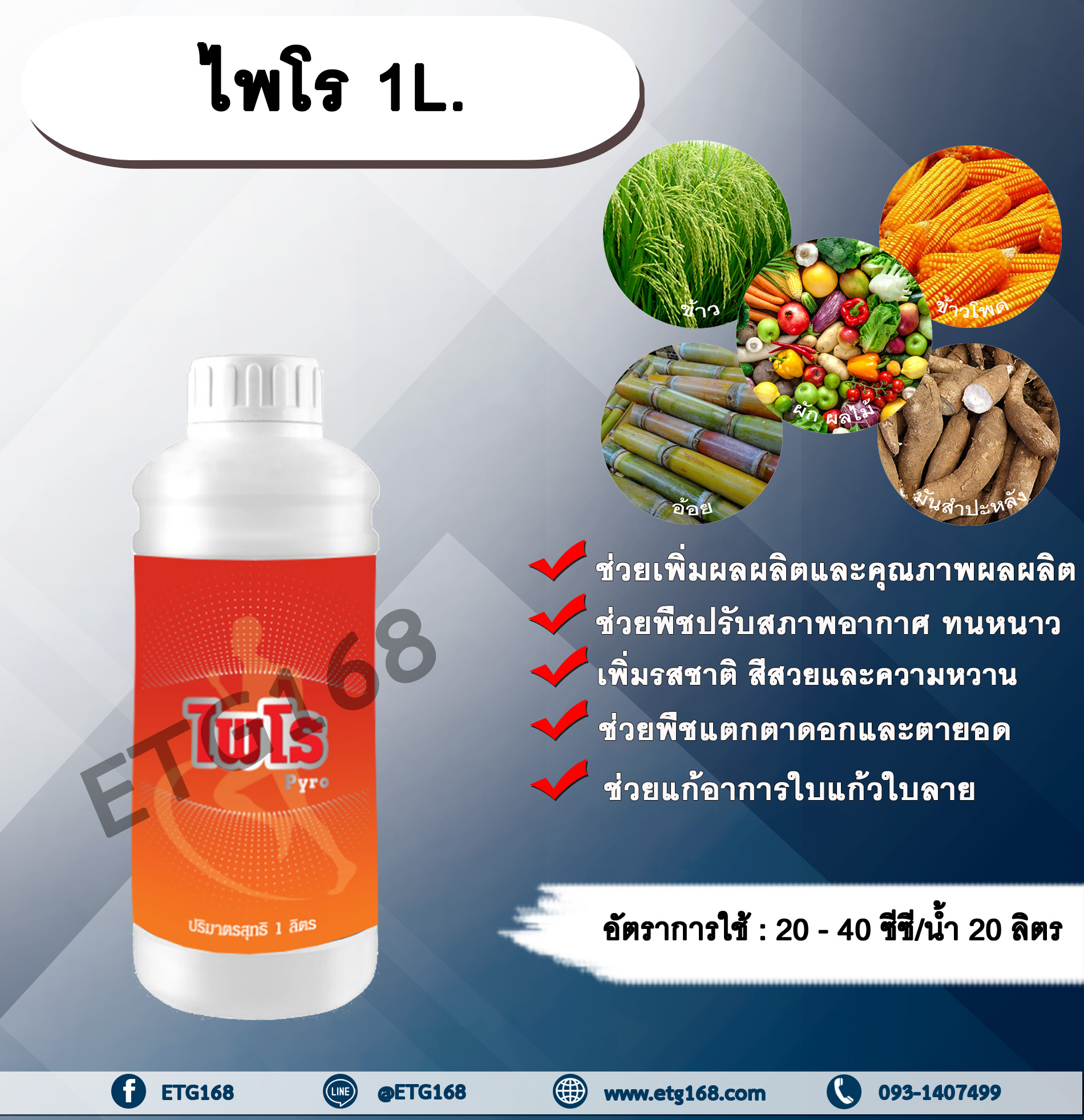 ไพโร 1L. ธาตุอาหารรอง ธาตุอาหารเสริม สังกะสี กำมะถัน ปรับสภาพอากาศ เพิ่มรสชาติ สีสวย หวาน เพิ่มผลผลิต คุณภาพผลผลิต แตกตาดอก ตายอด แก้อาการใบแก้วใบลาย พืชขาดธาตุสังกะสี สังเคราะห์โปรตีน สร้างแป้ง สร้างน้ำตาล