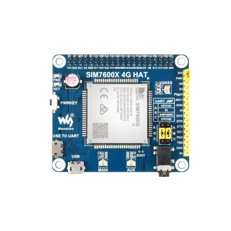 SIM7600G-H 4G HAT For Raspberry Pi, LTE Cat-4 4G / 3G / 2G Support, GNSS Positioning, Global Band