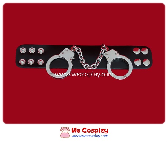 สร้อยข้อมือพังค์ Punk Wristband สีดำ ตกแต่งด้วยกุญแจมือสีเงิน
