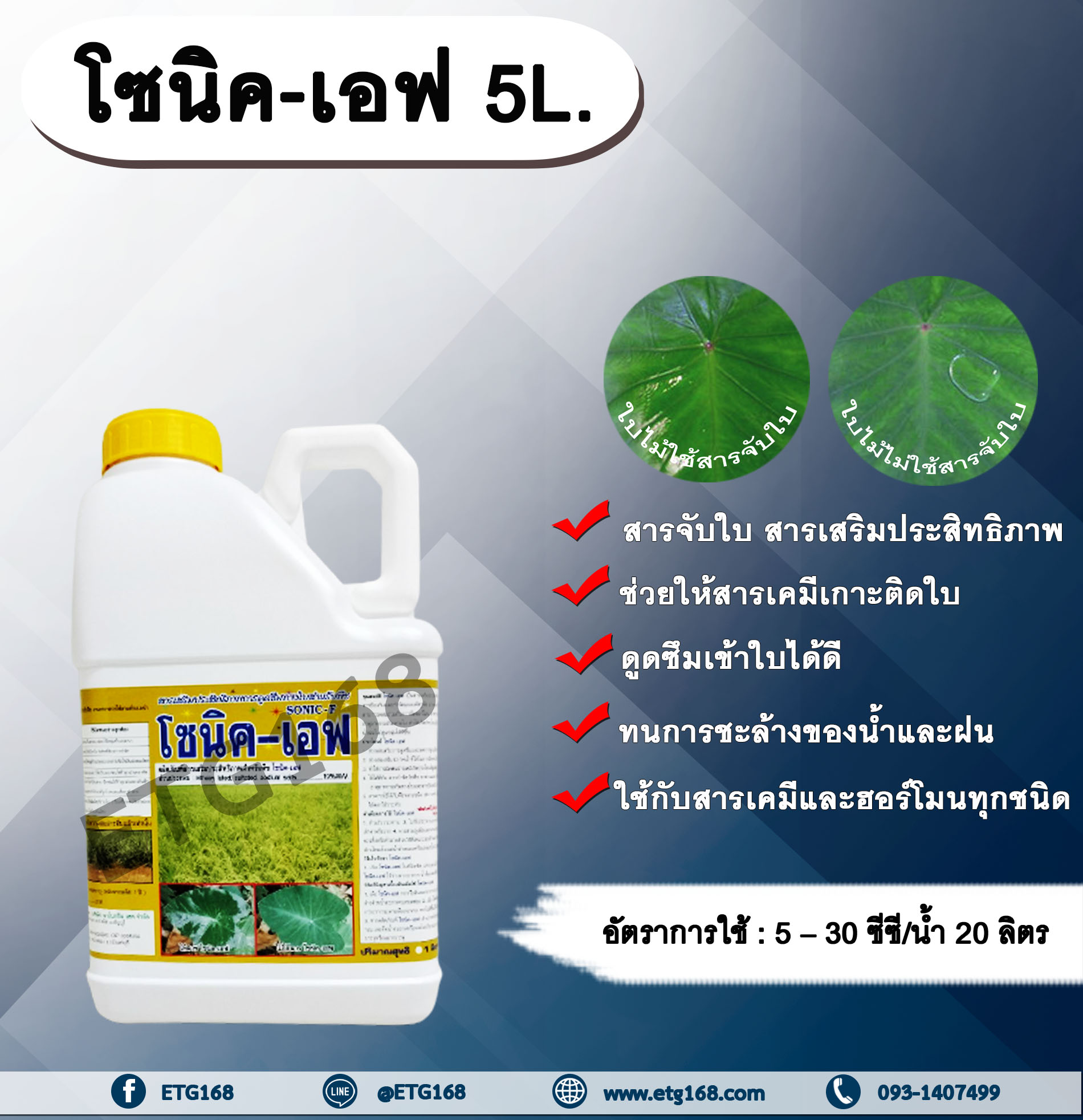 โซนิค เอฟ 5L. สารจับใบ สารเคลือบใบ สารเสริมประสิทธิภาพทางใบ สารเคมีเกาะติดใบพืช สารเคมีดูดซึมเข้าใบพืช