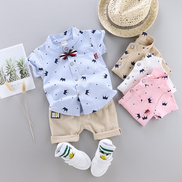 ชุดเด็กผู้ชาย เสื้อผ้าเด็กผู้ชาย ชุดเซ็ตเด็กผู้ชาย ชุดแฟชั่นเด็ก เสื้อเชิ้ตเด็ก แขนสั้น พร้อมหูกระต่าย พิมพ์ลายมงกุฎ รวมกางเกง