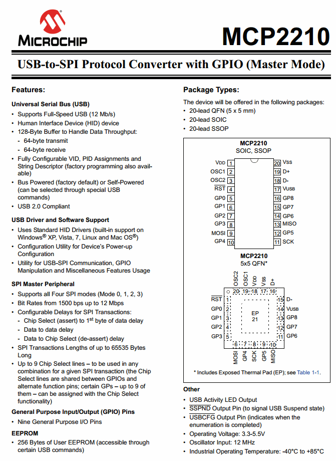 MCP2210-I/SS (TSSOP20) USB Interface IC USB to SPI Protocol Converter