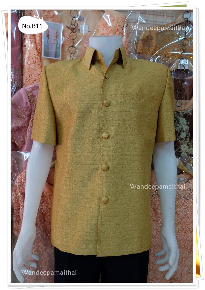 เสื้อผ้าไหมญี่ปุ่นชาย สีเหลืองไพร ซับผ้ากาวทั้งตัว กระเป๋า 3 ใบ เบอร์ S