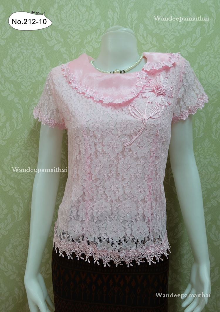 เสื้อลูกไม้แต่งปกผ้าแก้ว สีชมพู เบอร์ L อกเสื้อวัดเต็ม 37 นิ้ว
