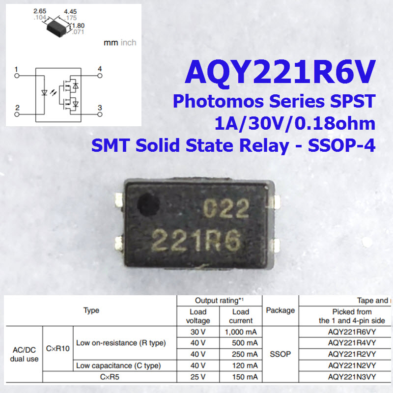 AQY221R6V Photomos Series SPST 1A/30V/0.18ohm SMT Solid State Relay - SSOP-4