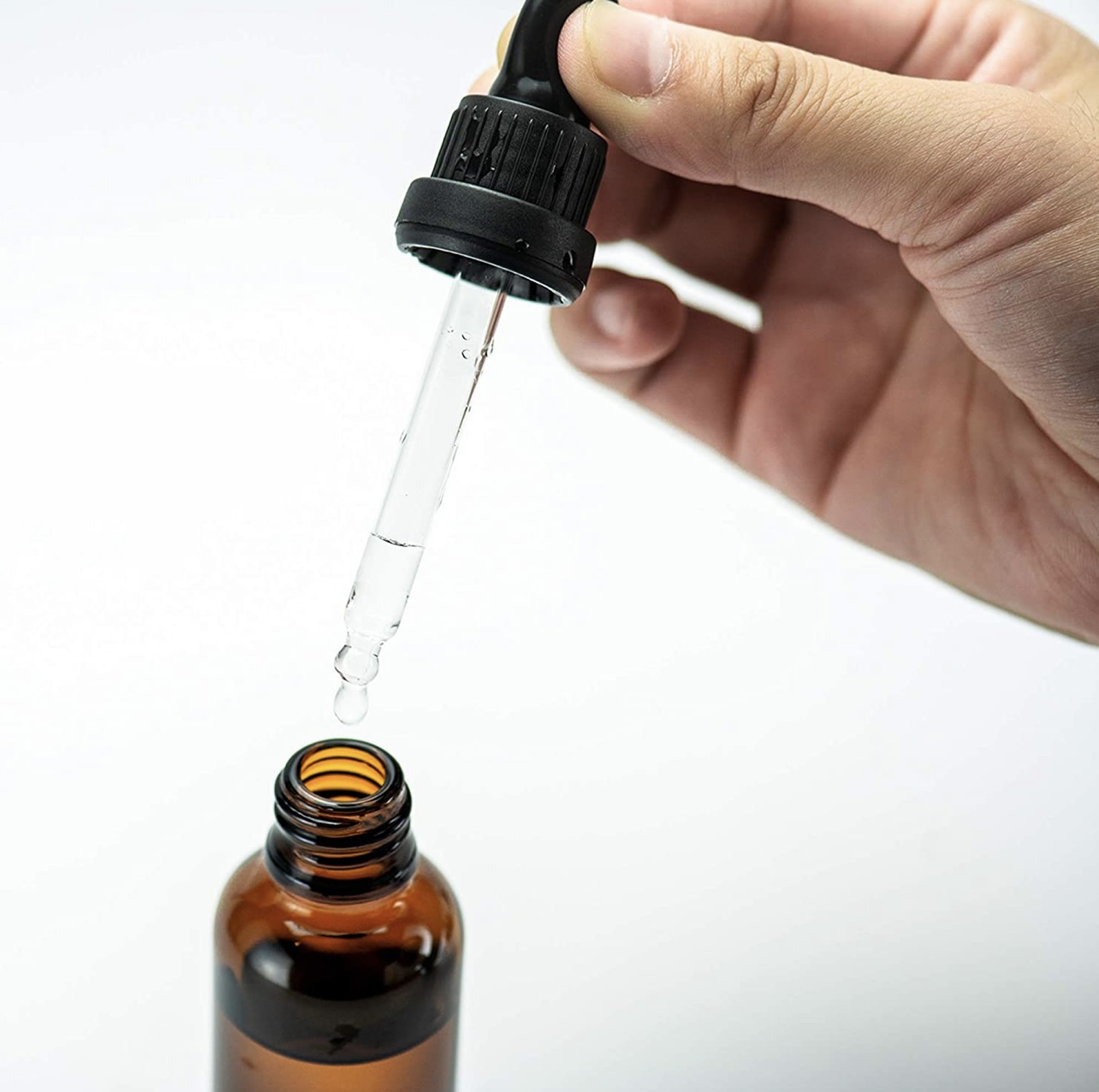 ขวดแก้วสีชาพร้อมหลอดแก้วและจุกหยอด ขนาด 60 มล