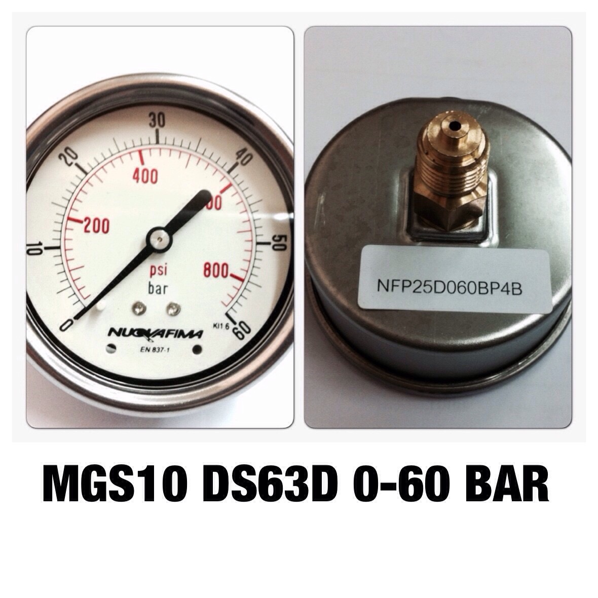 0-60BAR Nuovafima หน้าปัด 2.5 นิ้ว เกลียวออกหลังทองเหลือง 1/4"