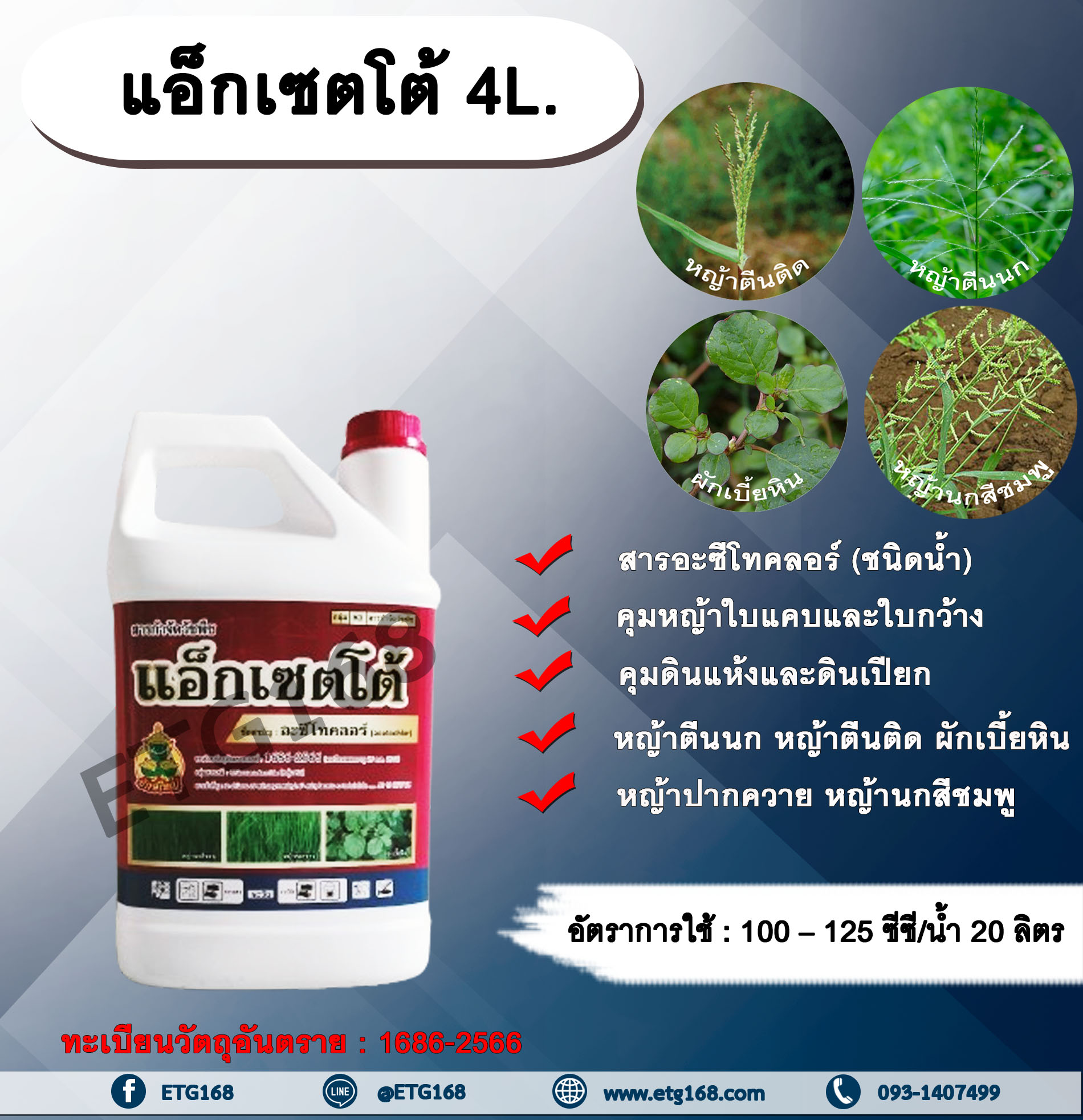 แอ็กเซตโต้ 4L.อะซีโทคลอร์ อะเซโทคลอร์ คุมหญ้า สารกำจัดวัชพืช ใบแคบ ใบกว้าง