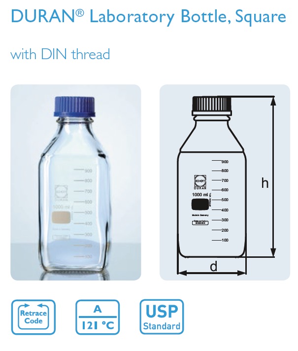 ขวดดูแรน/Bottle, Laboratory Glass with Screw cap (ขวดแก้วเก็บสาร ชนิดใส)
