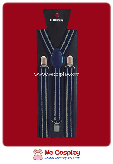 สายเอี๊ยม Suspenders พื้นสีกรมท่า ลายทางสีน้ำตาลอ่อนสองแถบ Navy Blue & Light Brown Stripe Pattern Suspenders