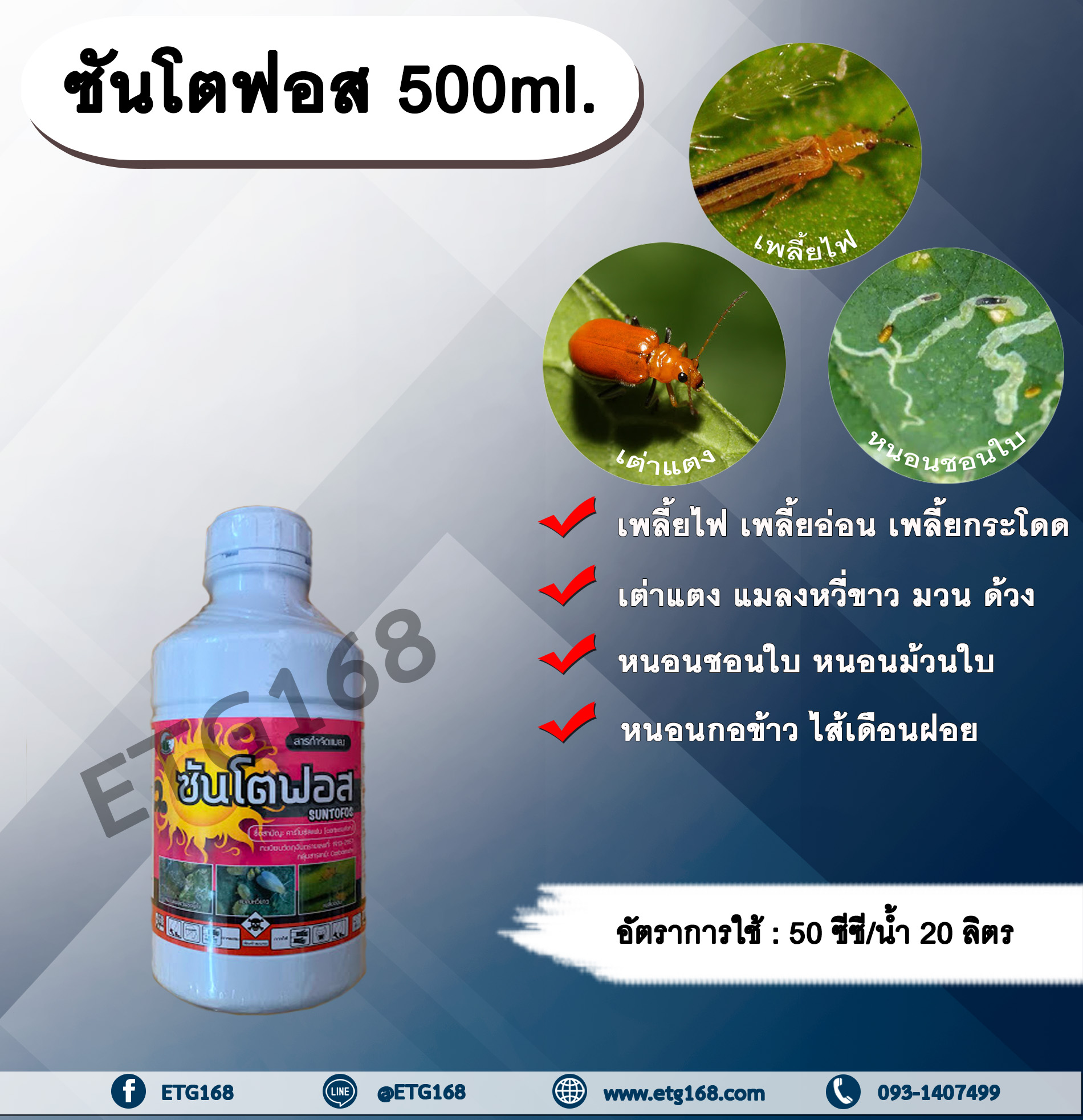 ซันโตฟอส 500ml. สารกำจัดแมลง คาร์โบซัลแฟน กำจัดเพลี้ยไฟ เพลี้ยอ่อน เพลี้ยกระโดด เต่าแตง แมลงหวี่ขาว กำจัดหนอน ดูดซึม