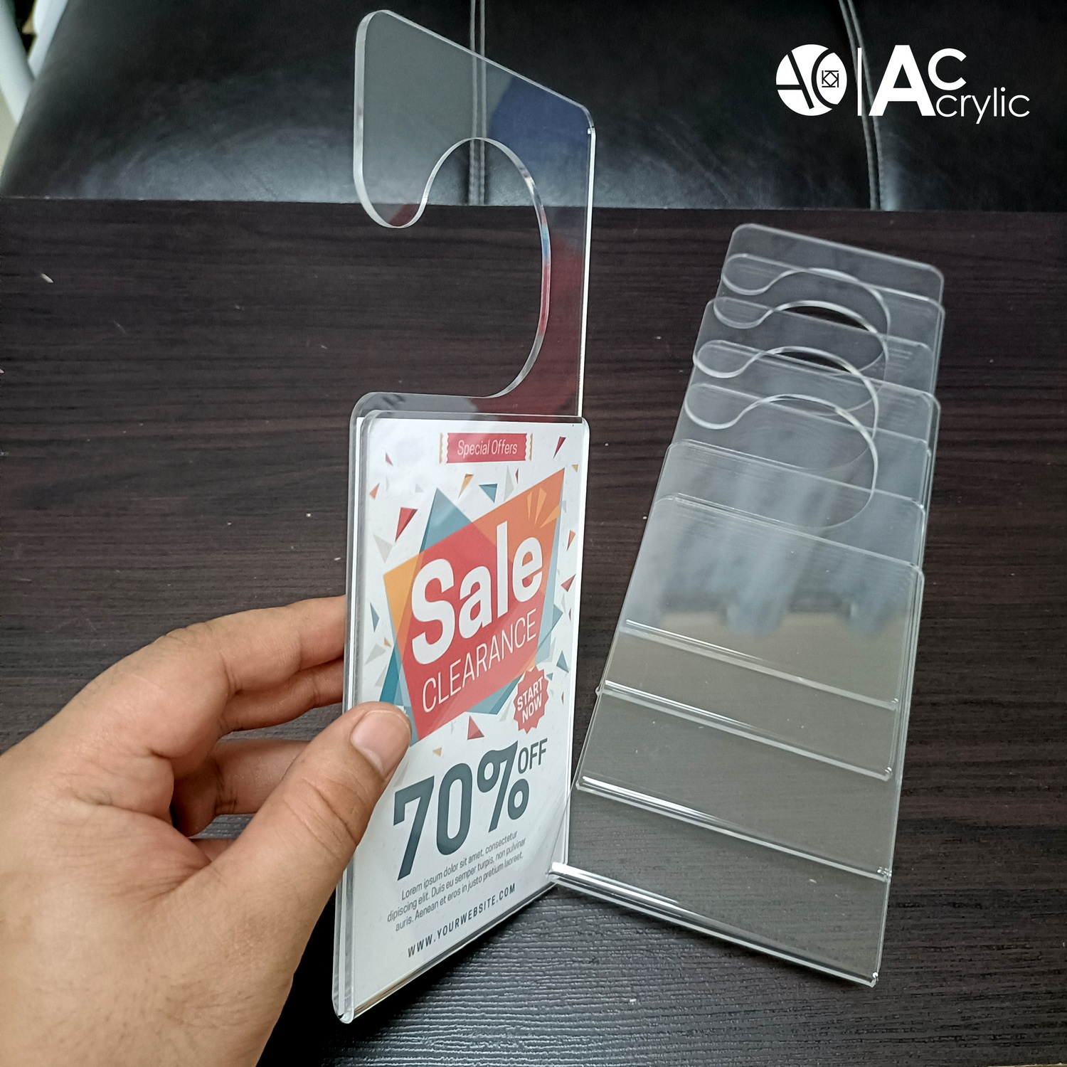 ป้ายแขวนประตู ห้อยประตู แขวนโปรโมชั่น สอดกระดาษตามต้องการ อะคริลิคใส หนา 3 มิล (H1)