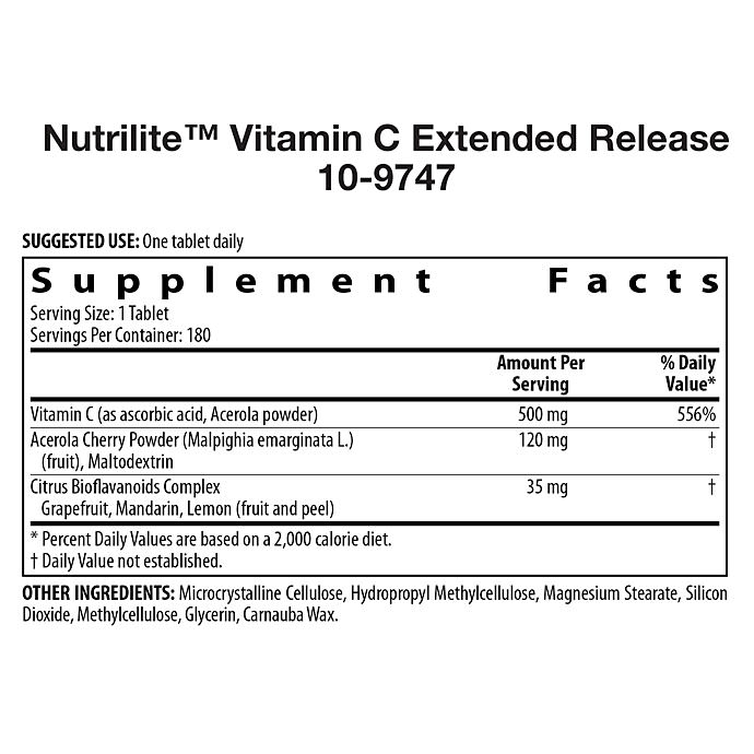Nutrilite Vitamin C Extended Release บรรจุ 180 tablets 500mg มีส่วนผสมวิตามินซีและสารอาหาร จาก มะนาว, ส้มและส้มโอที่มีสารต้านอนุมูลอิสระจำนวนมาก