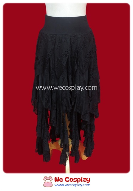 กระโปรงโกธิคพั้งค์ สีดำ ชายระบายยาว Black Gothic Punk Skirt
