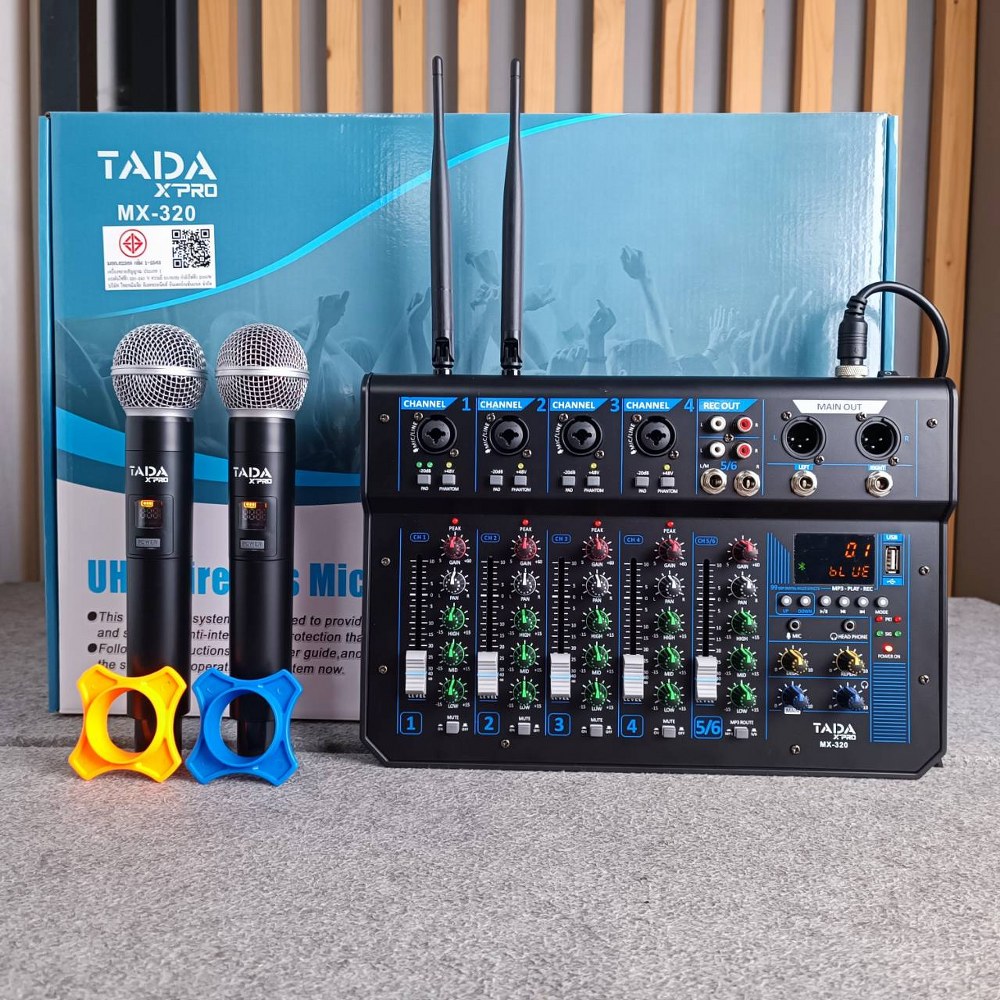 TADA MX-320 mixer พร้อมไมค์ลอย2ตัว ธาดา รุ่น MX 320 MX320 มิกเซอร์ EQ ปรับโทนเสียง มิกเซอร์พร้อมไมค์ลอยคู่ เอไอ-ไพศาล
