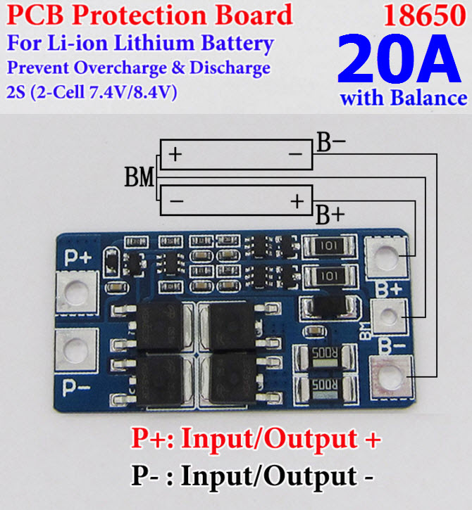 2S 20A w/Balance 18650 Li-ion Lithium Battery BMS Protection PCB Board 7.4V 8.4V