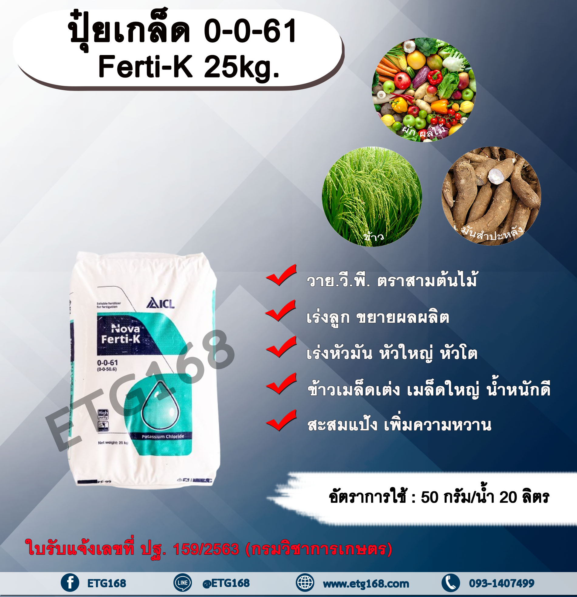 ปุ๋ยเกล็ด 0-0-61 Ferti-K 25kg. วาย.วี.พี. ตราสามต้นไม้ ปุ๋ยเกล็ด เร่งลูก ขยายผลผลิต เร่งหัวมัน หัวใหญ่ หัวโต ข้าวเมล็ดเต่ง เมล็ดใหญ่ น้ำหนักดี สะสมแป้ง เพิ่มความหวาน โพแทสเซียมคลอไรด์