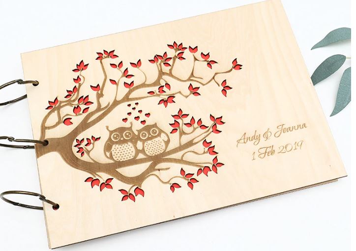 Guest Book DIY สมุดเขียน คำอวยพร งานแต่งงาน ปกไม้ ลาย นกฮูก คู่รัก ใต้ต้นไม้ สมุดเขียนรายชื่อ งานแต่งงาน 547036
