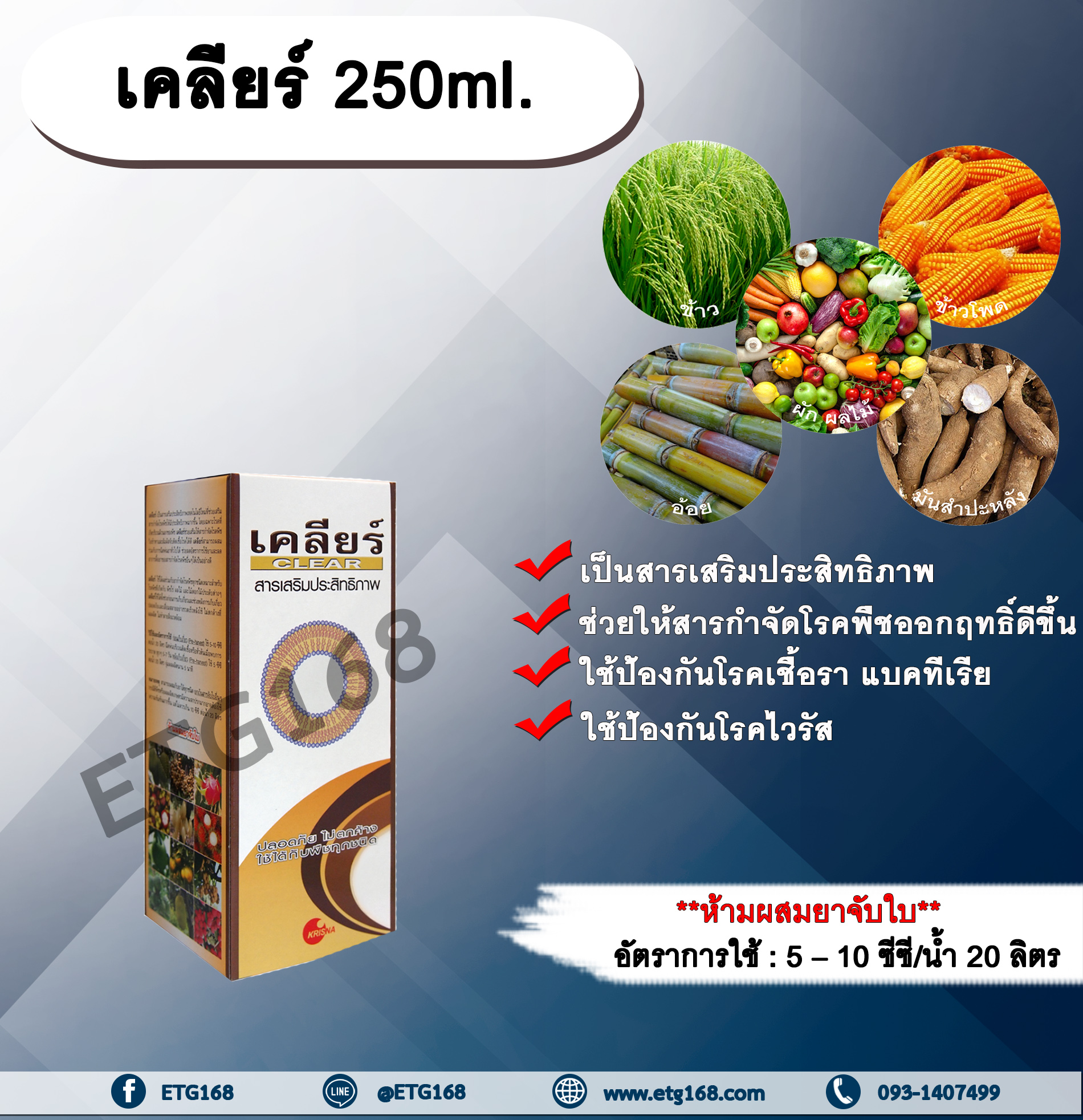 เคลียร์ 250ml. สารเสริมประสิทธิภาพ ช่วยให้สารกำจัดโรคพืชมีประสิทธิภาพมากขึ้น ป้องกันเชื้อรา แบคทีเรีย ไวรัส ขัดผิวผลผลิต