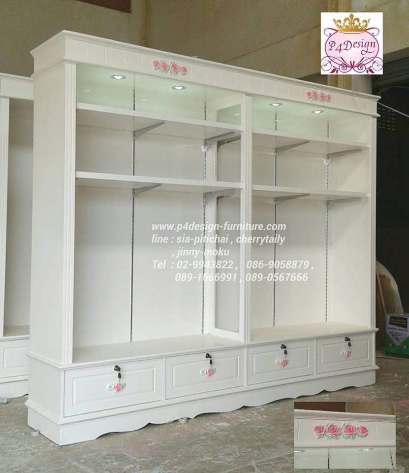 ตู้โชวชั้นวางหลังทึบไม้ วินเทจ สีขาว สำหรับบ้านเเละร้านค้า