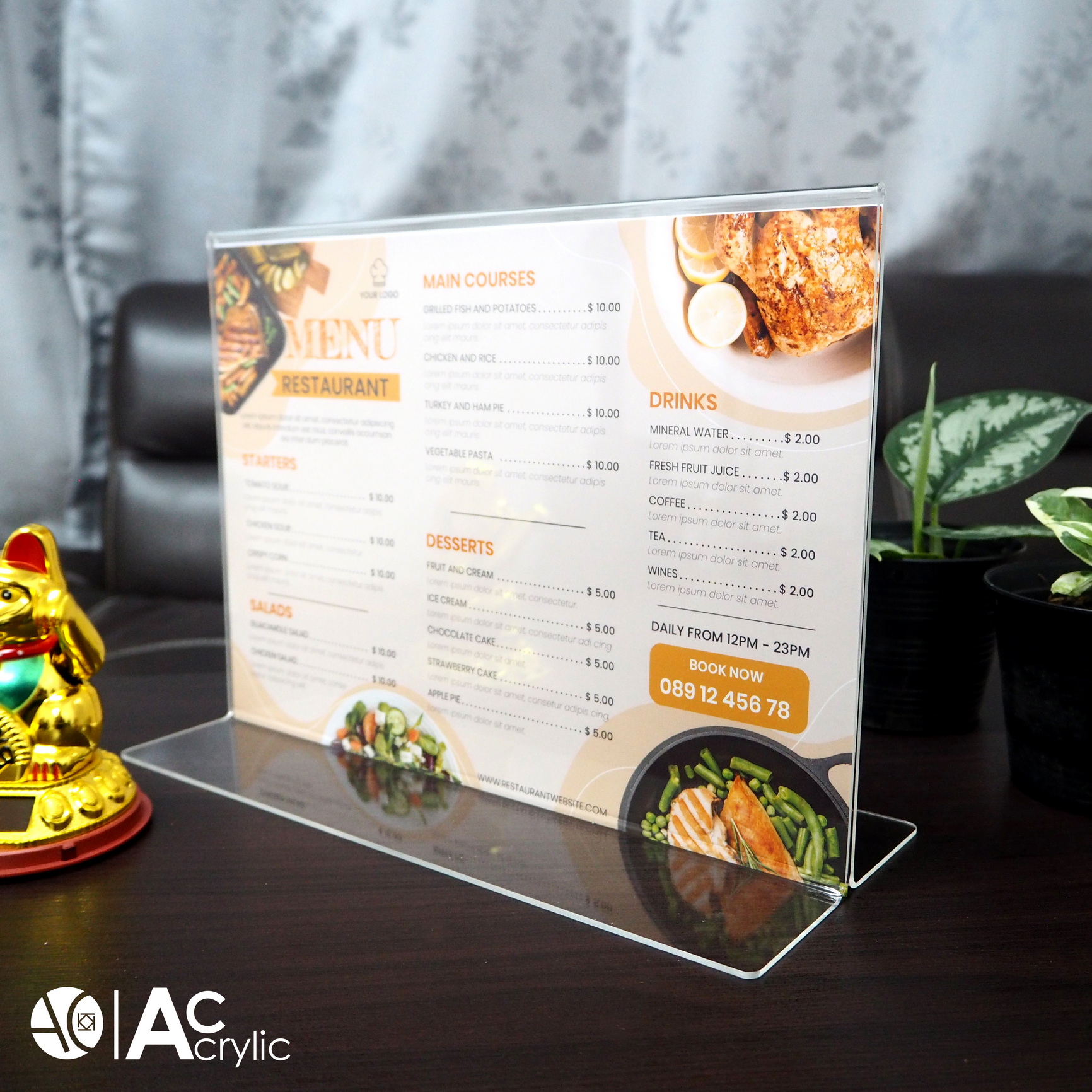 ป้ายตั้งโต๊ะ ป้ายอะคริลิค A4 แนวนอน 30x21 cm อะคริลิค โชว์กระดาษ 2 ด้าน ทรง T Acrylic (A4L2P)