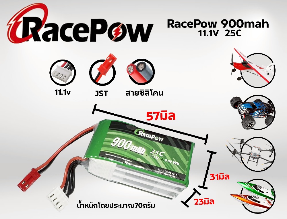 แบตเตอรี่ลิโพ RacePow 900mah 11.1V 25C