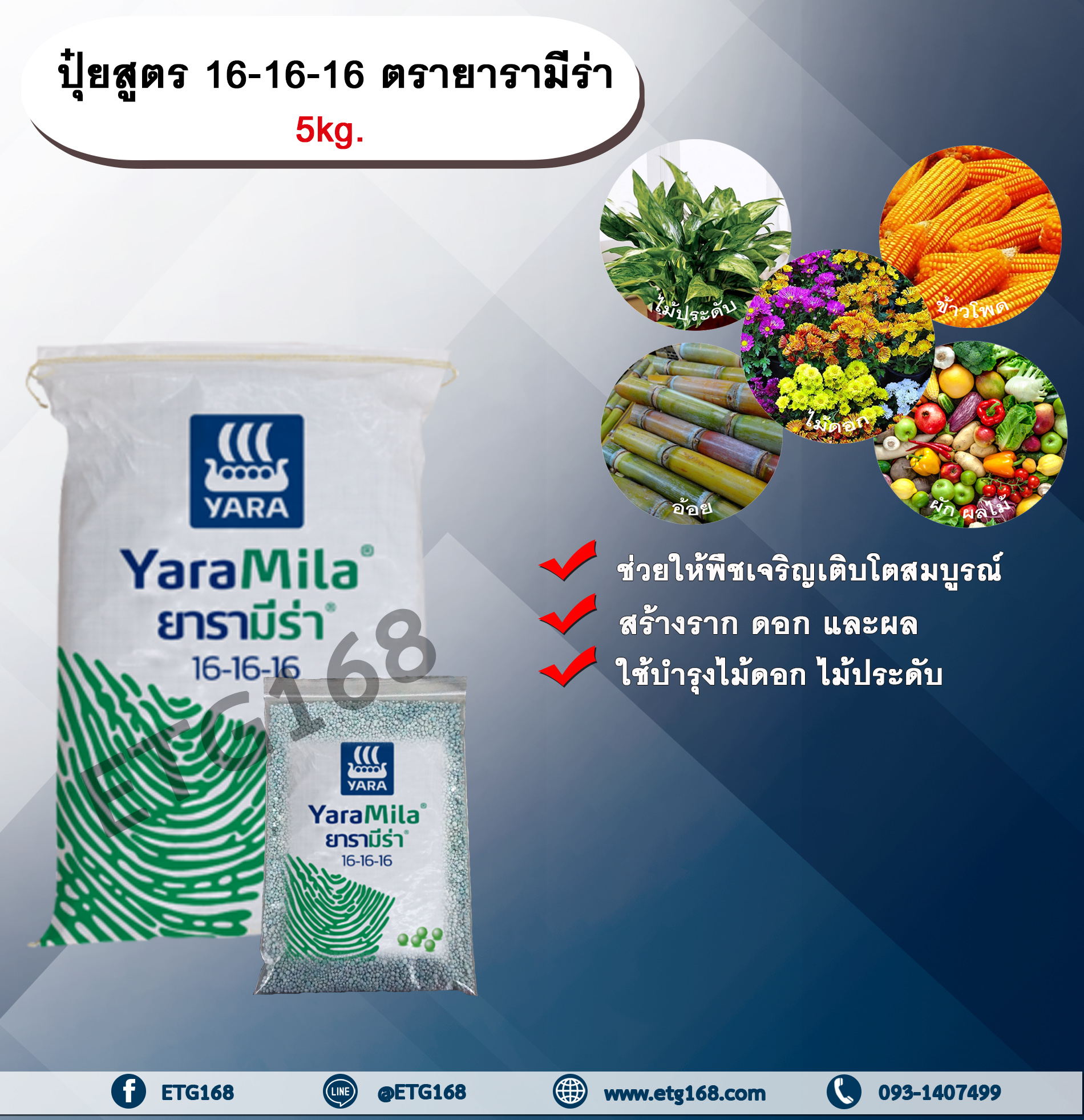ปุ๋ยสูตร 16-16-16 ตรายารามีร่า 5kg. เร่งต้น เร่งใบ เร่งดอก เร่งผล สูตรเสมอ ปุ๋ยใส่ทางดิน