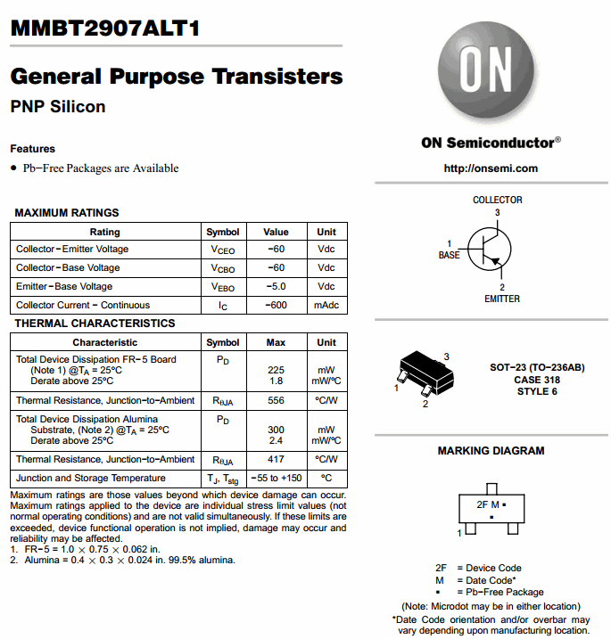 MMBT2907 (SOT23) PNP Bipolar Transistors - BJT 625mW, 60V, 600mA