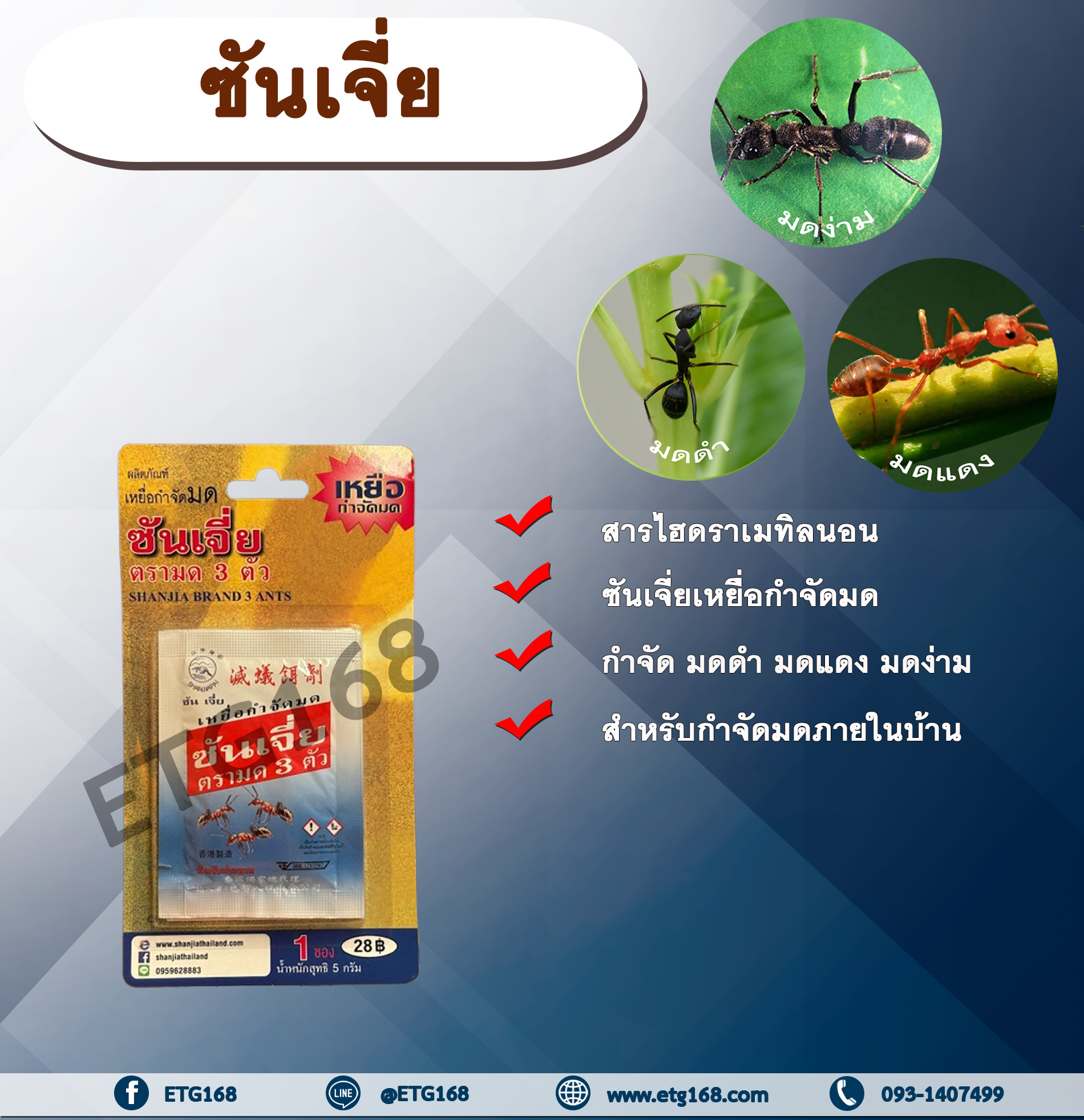 ซันเจี่ย ตรามด 3 ตัว สารกำจัดแมลง สารกำจัดมด โรยมด เหยื่อกำจัดมด มดดำ มดแดง