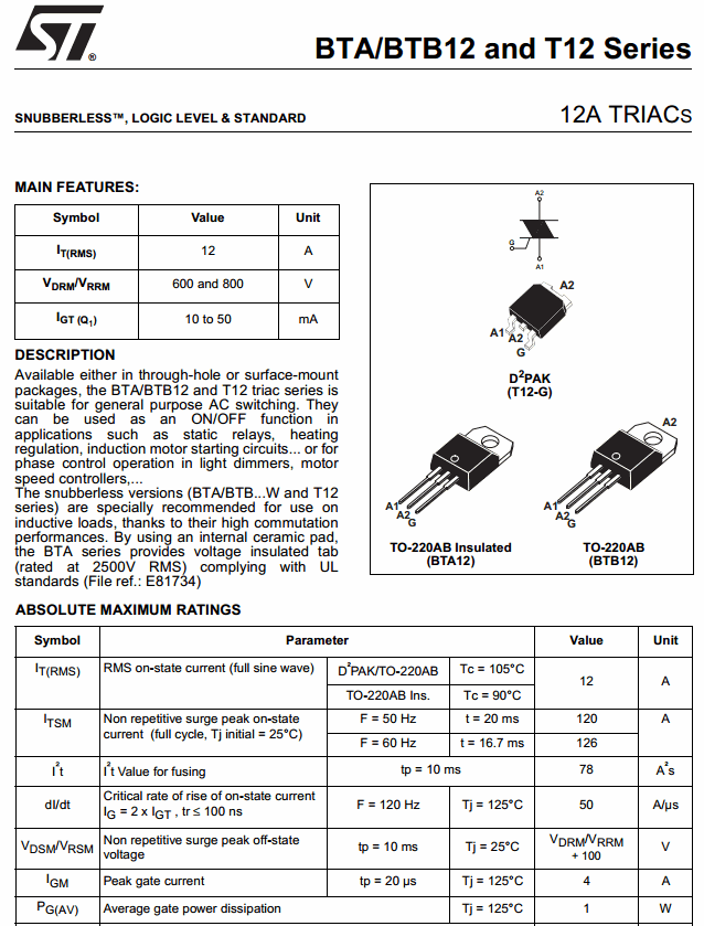 BTA12-600BRG BTA12-600 (TO-220) Triac 12A/600V, Logic Level and Standard Triac