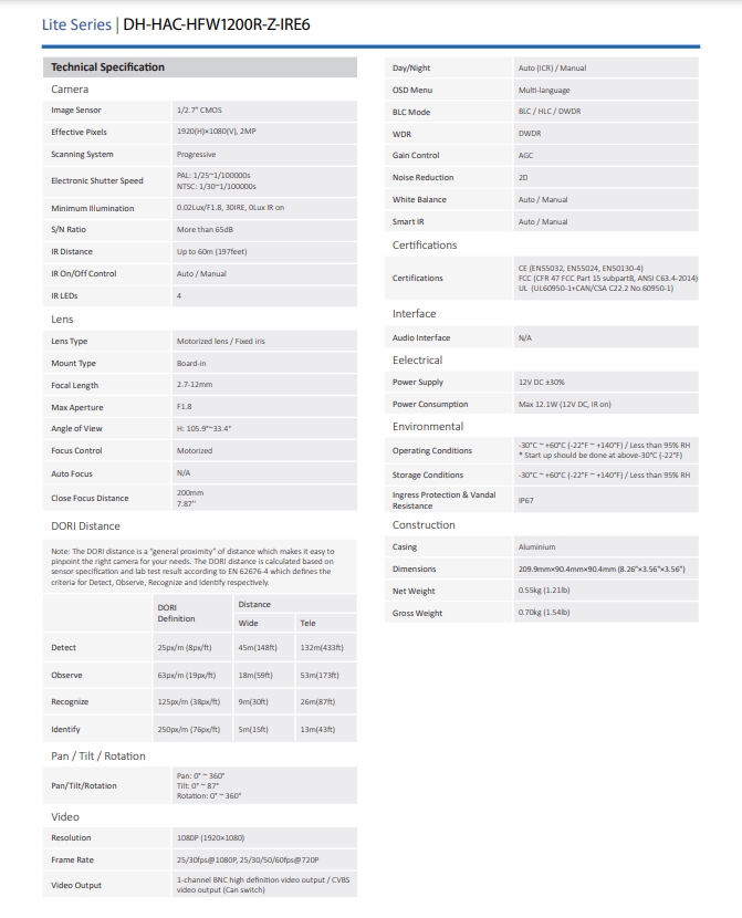 กล้องวงจรปิด Dahua 2MP HDCVI Bullet Camera รุ่น DH-HAC-HFW1200R-Z-IRE6