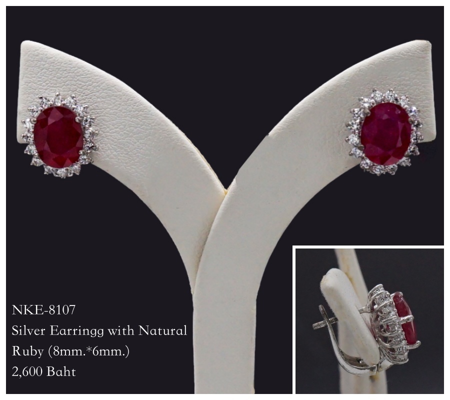 ต่างหูเงิน ทับทิมล้อมเพชร CZ (Silver Earring with Natural Ruby and CZ)