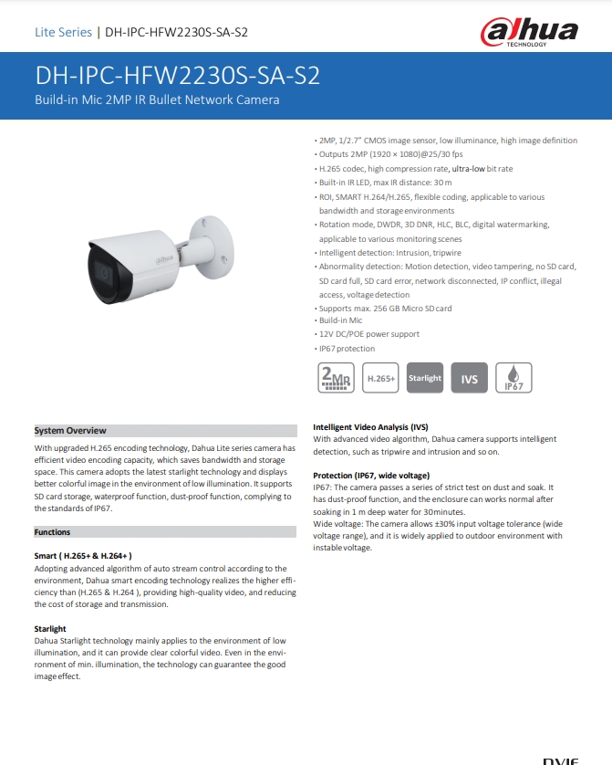 กล้องวงจรปิด Dahua 2MP Build-in Mic Bullet Network Camera รุ่น DH-IPC-HFW2230S-SA-S2 (3.6mm)