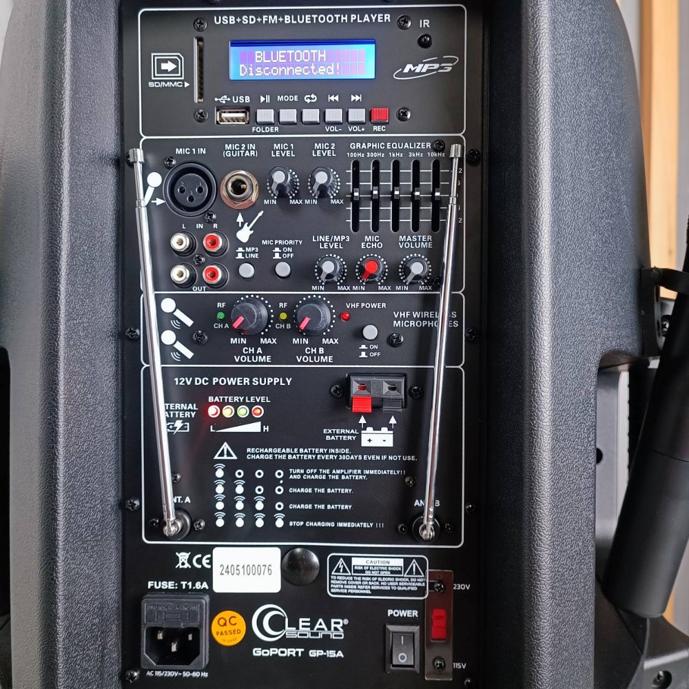 CLEARSOUND GP-15a ลำโพงล้อลาก 15นิ้ว พร้อมไมค์ลอยคู่ ย่าน VHF ลำโพงเอนกประสงค์ ตู้ลำโพงเคลื่อนที่ GoPORT GP 15a GP15a เอไอ-ไพศาล