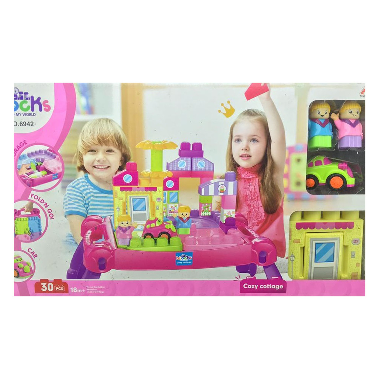 6942 ของเล่นเด็กโต๊ะบล็อกตัวต่อสีชมพู กล่องใหญ่