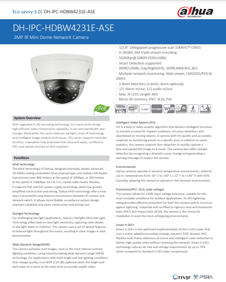 กล้องวงจรปิด Dahua 2MP Mini Dome Network Camera รุ่น DH-IPC-HDBW4231E-ASE (2.8mm, 3.6mm)