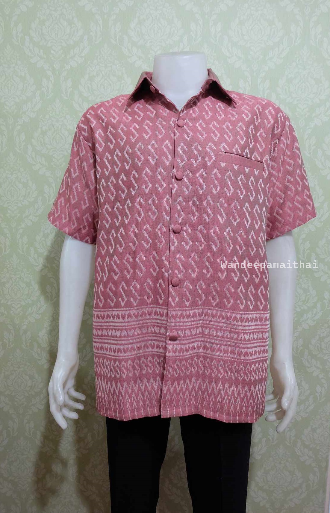เสื้อลายขอผู้ชาย ผ้าฝ้ายทอลายเนื้อดี สีโอรสชมพู 4XL อกเสื้อ50 นิ้ว