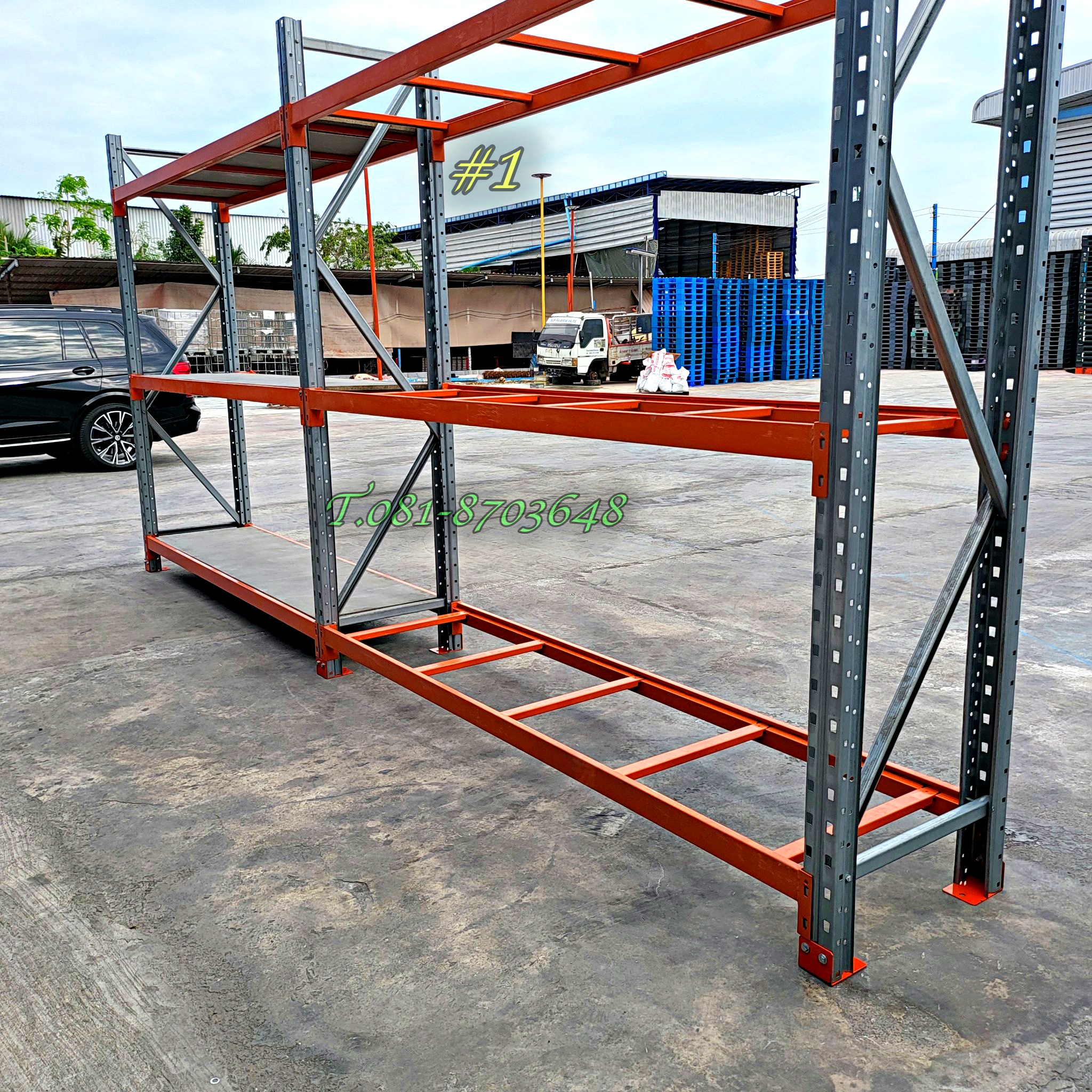 Medium rack มือสอง ขนาด 65x250x250cm 3 ชั้น ปูพื้นด้วยแผ่นวีว่าบอร์ด 20 mm รับน้ำหนักได้ชั้นละ 1000kg