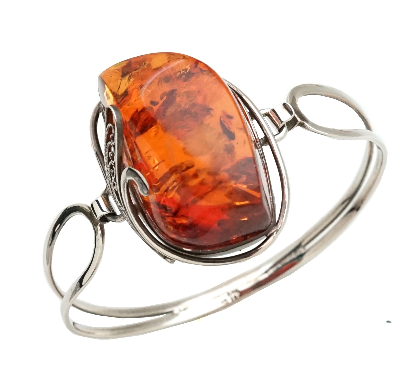 กำไลเงินประดับด้วยอำพันแท้จากโปแลนด์ (Silver Bangle with big Natural Amber)