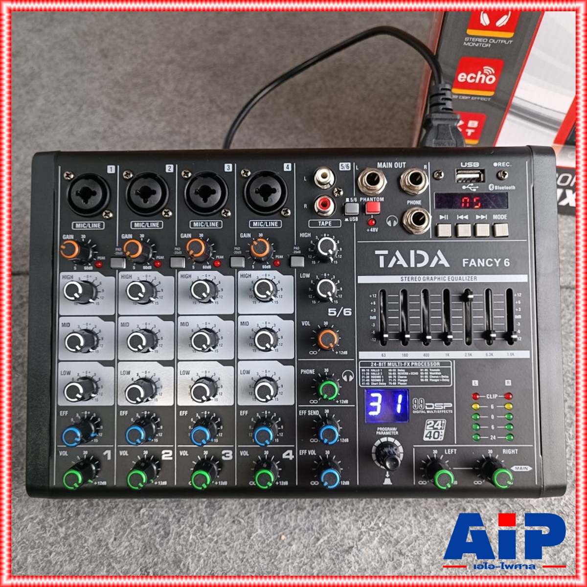 TADA FANCY-6 MIXER สีดำ มิกเซอร์ TADA Fancy 6 ช่องสัญญาณ 4 โมโน 1 สเตอริโอ แจ็ค combo มี Bluetooth มี USB เล่น Mp3 ได้ มีเอฟเฟกแท้ effect EQ 7 แบนด์ มี REC เรดคอร์ด สามารถ บันทึกเสียงได้ เอไอ-ไพศาล