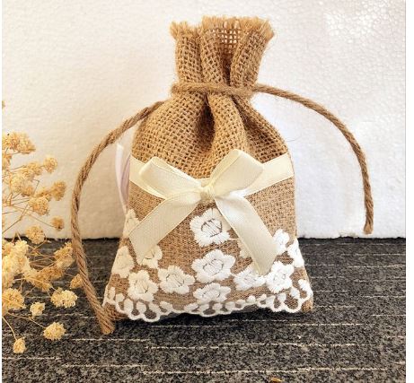 ถุงผ้ากระสอบ ขนาด 10x15 cm ตกแต่งด้วยลูกไม้ แบบน่ารัก ๆ ถุงผ้า สไตล์วินเทจ ตกแต่งงานแต่งงาน 596705
