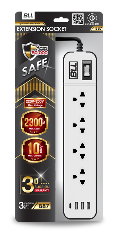 ปลั๊กรางไฟฟ้า 4ช่องเสียบ 1สวิตซ์ 3เมตร 3USB 1Type B87 BBL (ราคาต่อชิ้น)