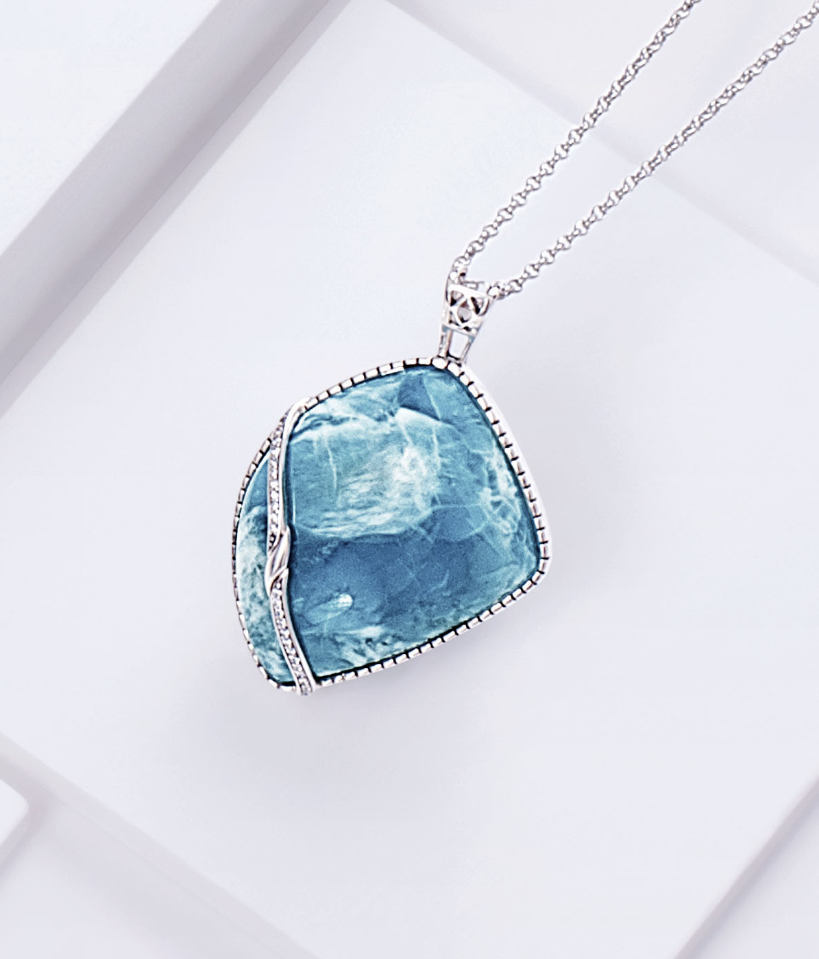 จี้เงินแท้ฝัง หิน ลาลิมาร์ (Larimar) หินแห่งความรัก หนัก 19.50 กรัม ทรงสี่เหลี่ยม สีฟ้าน้ำทะเล