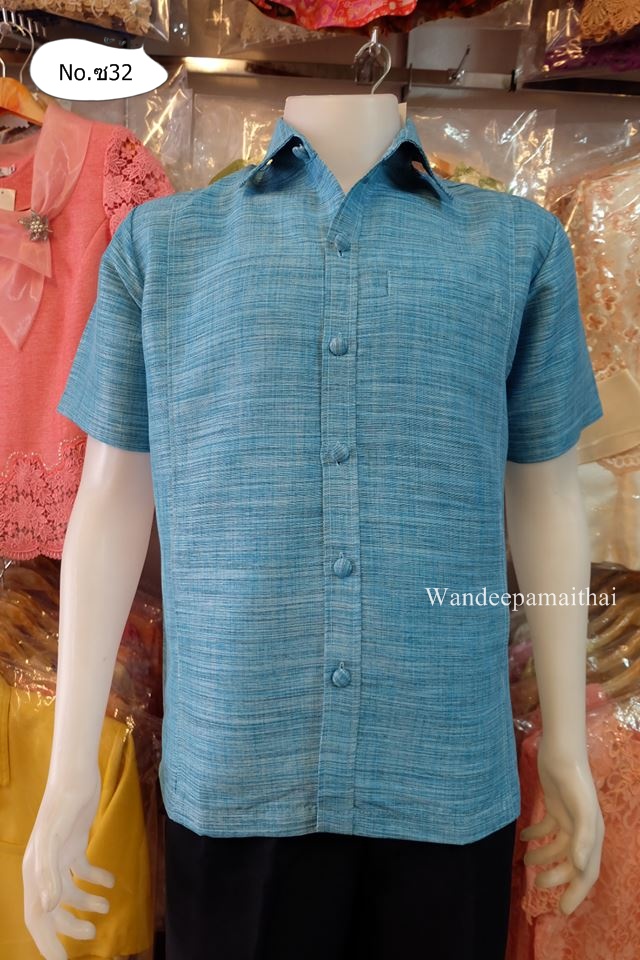 เสื้อไหมผสมฝ้าย สีฟ้าสดใส