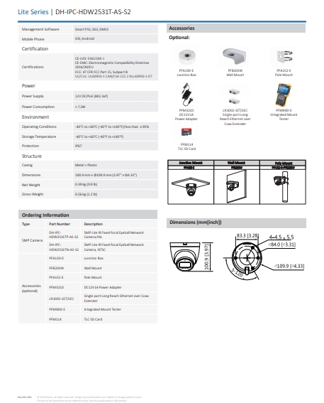 กล้องวงจรปิด Dahua 5MP Fixed-focal Eyeball Network Camera รุ่น DH-IPC-HDW2531T-AS-S2-1 (2.8mm)
