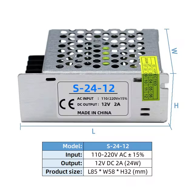 12V 2A (12V2A) 24w Switching Power Supply SIZE: WLH 58*85*32mm