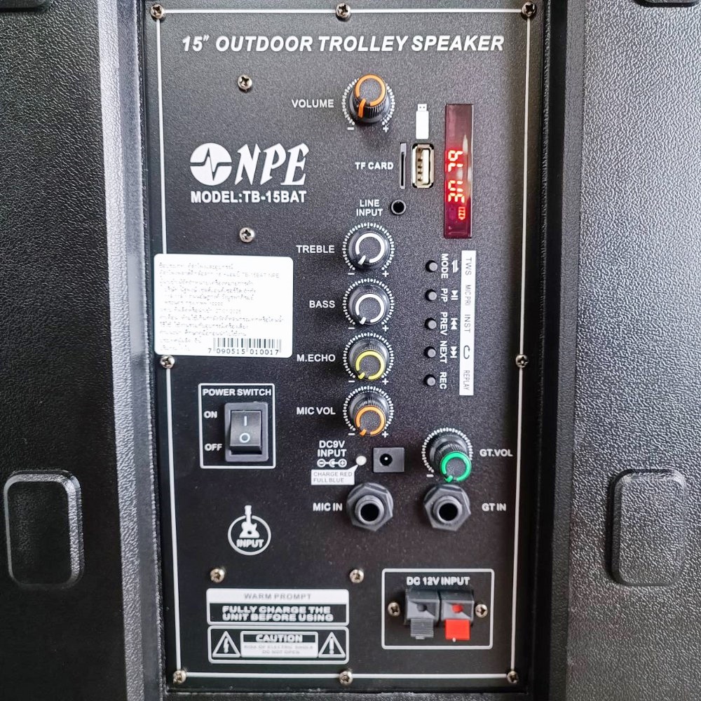 NPE TB-15BAT ลำโพงล้อลาก 15นิ้ว ตู้ลำโพงมีแอมป์ BLUETOOTH USB FM RECORD พร้อมไมค์ลอย 2 ตัว มีแบตในตัวชาร์จได้ มีล้อลาก TB 15BAT TB15BAT เอไอ-ไพศาล