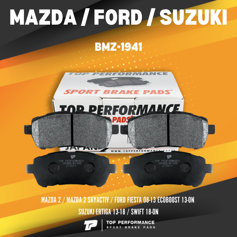 TOP PERFORMANCE (ประกัน 3 เดือน) ผ้าเบรคหน้า MAZDA 2 / MAZDA 2 SKYACTIV / FORD FIESTA 08-13 ECOBOOST 13-ON / SUZUKI ERTIGA 13-18 / SWIFT 18-ON ตรงรุ่น - BMZ 1941 - MADE IN JAPAN - ผ้าเบรครถยนต์ มาสด้า สอง สกาย ฟอร์ด เฟียส