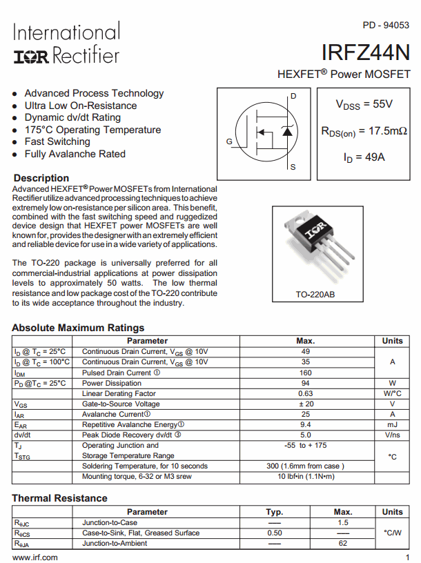 IRFZ44N IRFZ44 (TO-220) MOSFET N-Channel 55V/49A,94W Rds(on) 17.5mΩ Max
