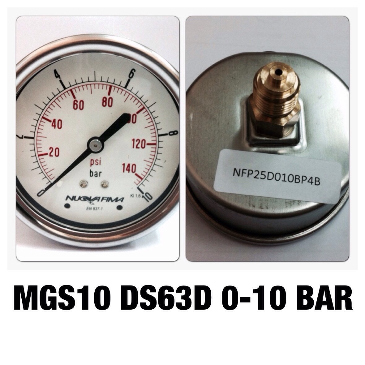 0-10Bar Nuovafima หน้าปัด 2.5 นิ้ว เกลียวออกหลังทองเหลือง 1/4"